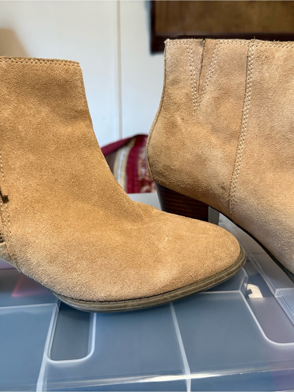 Vionic Tan Suede Ankle Booties with Low Stacked Heel